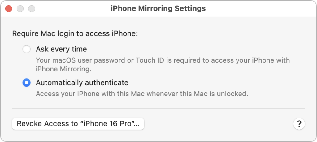 iPhone Mirroring settings