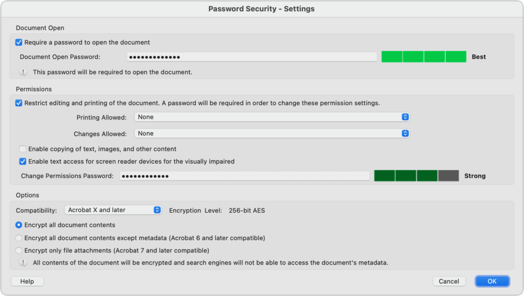 Acrobat Password Security settings