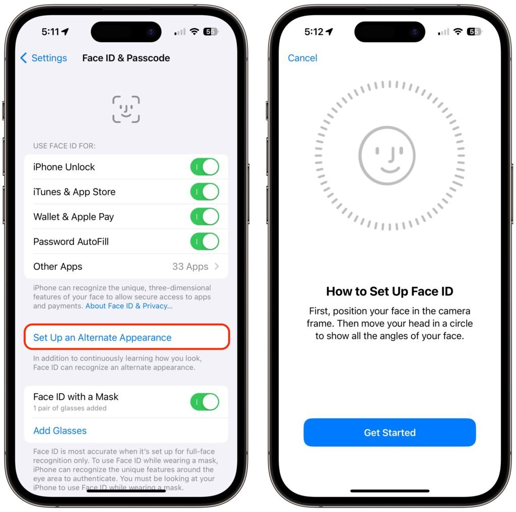 set up Face ID alternate appearance