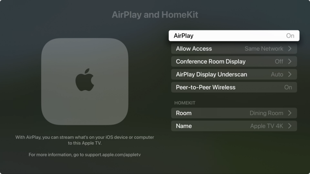 AirPlay settings Apple-TV
