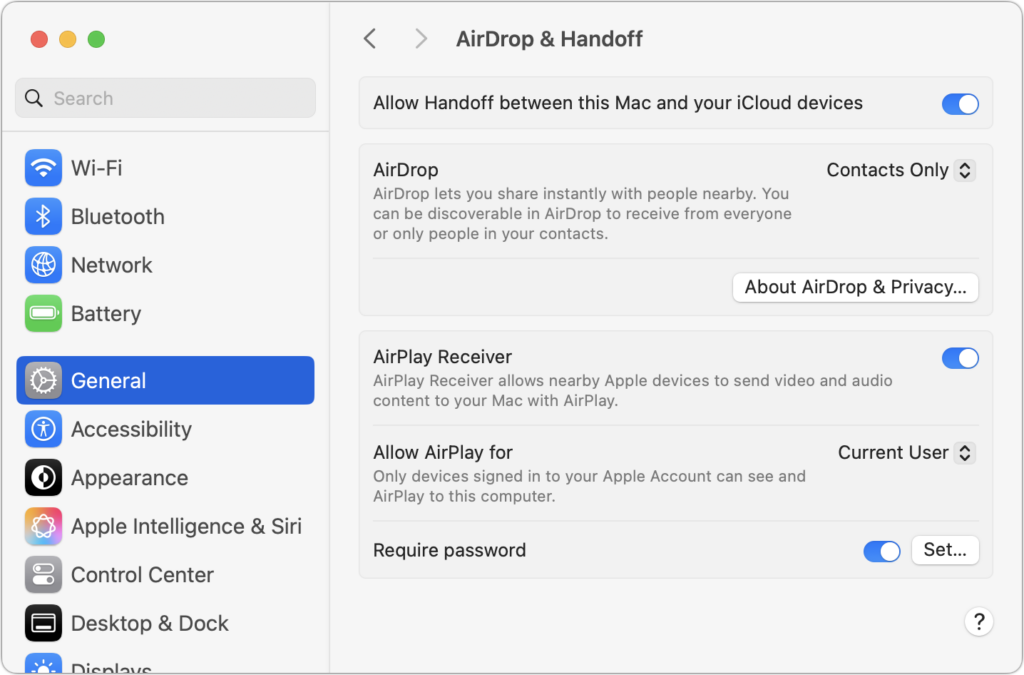 AirPlay settings Mac