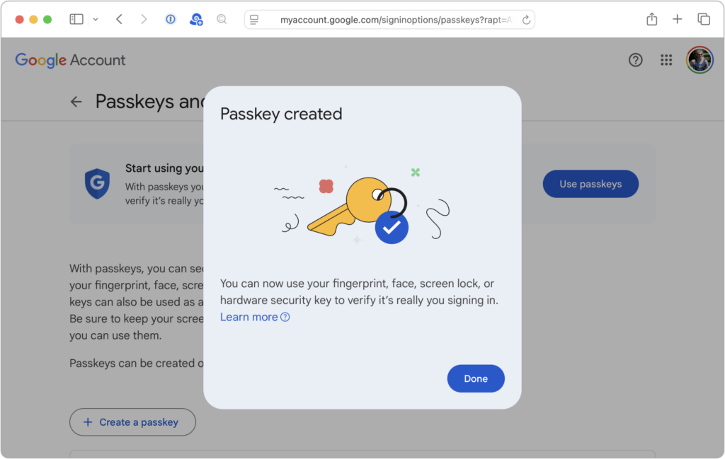 Google Account passkey setup
