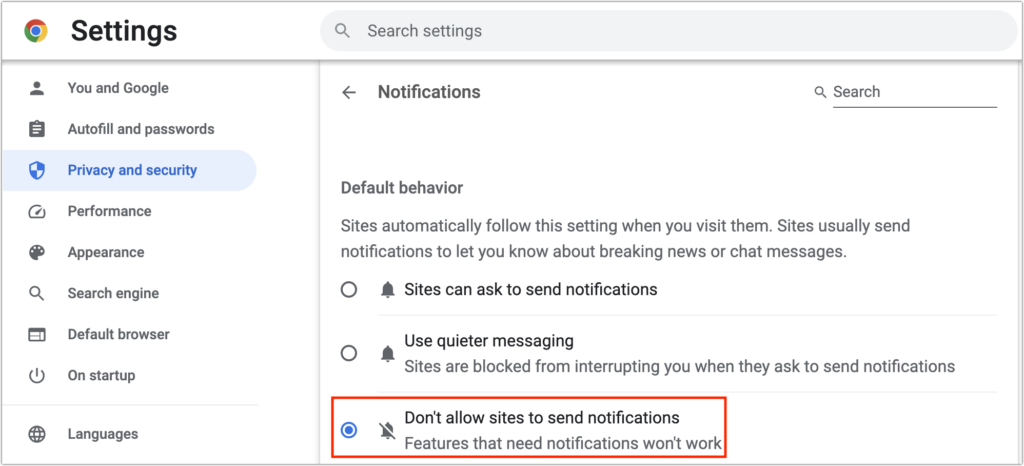 Chrome disable notifications
