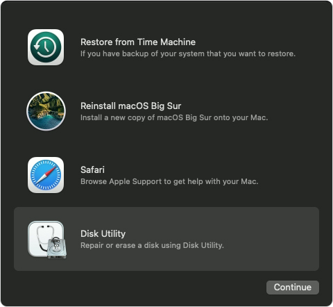 macOS Big Sur Recovery options with Disk Utility selected