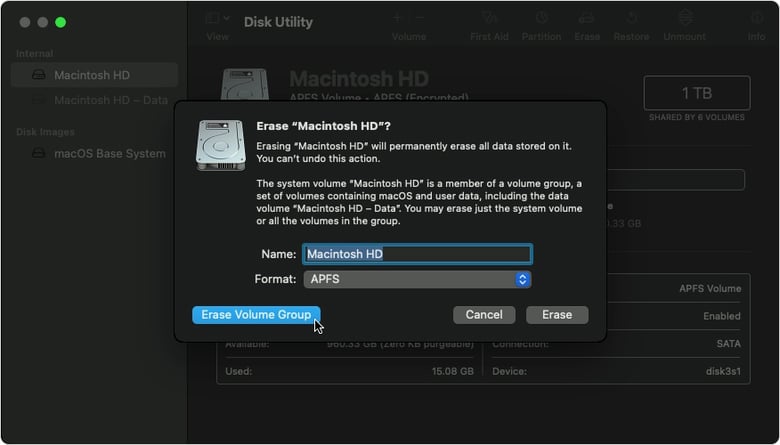 Disk Utility - Erase Volume Group