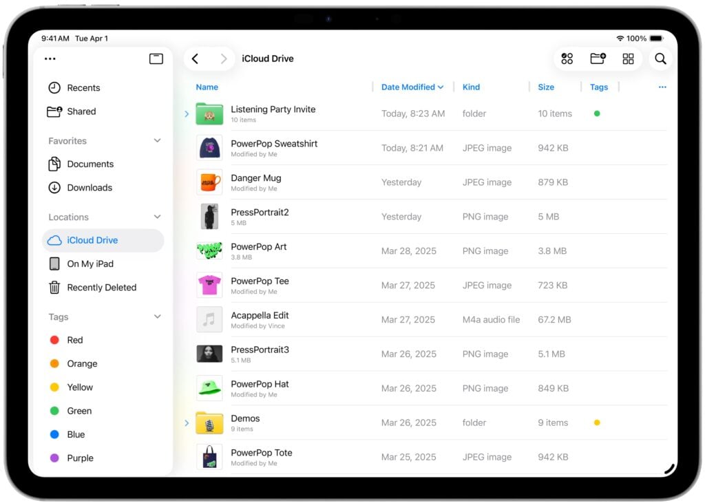 iPadOS 26 Files app List view